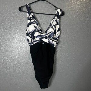 Black White Leaf Print One Piece Swimsuit Tie Front Women’s XL